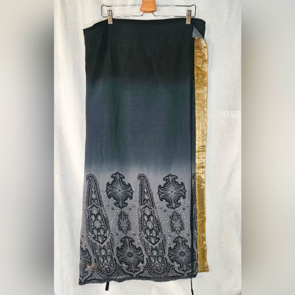 Denning & Kane London Silk Wrap Around Maxi Skirt Blue And Gold With Beads Sz M